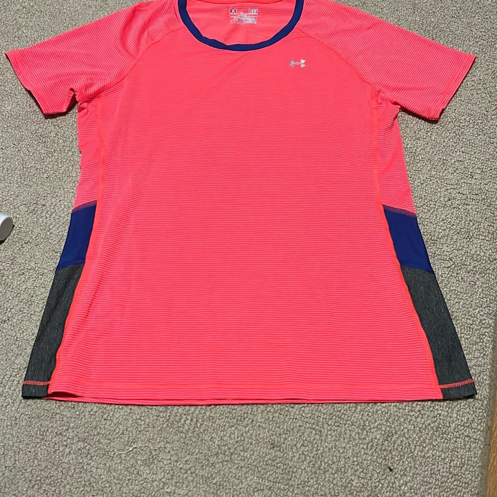 Women’s large athletic top by Under Armour.   Coral, blue and gray